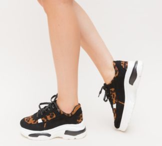 Pantofi ieftini sport negri cu aplicatii de imprimeu leopard Mexica