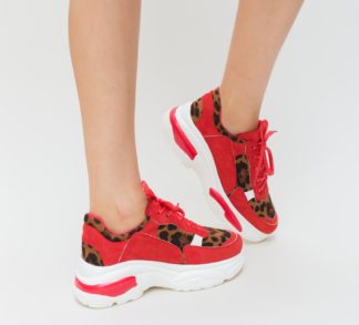 Pantofi ieftini sport rosii cu aplicatii de imprimeu leopard Mexica