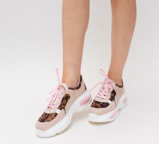 Pantofi ieftini sport roz cu aplicatii de imprimeu leopard Mexica