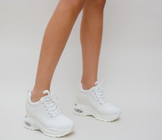 Pantofi sport dama albi ieftini la reducere din material textil cu platforma inalta de 9cm Mizy
