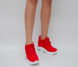 Pantofi sport dama rosii ieftini la reducere din material textil cu platforma inalta de 9cm Mizy