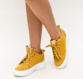 Sneakers galbeni ieftini pentru femei prevazuti cu sireturi si talpa groasa comoda Moza
