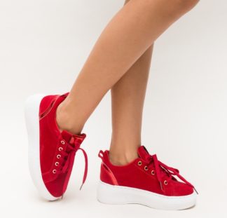 Sneakers rosii ieftini pentru femei prevazuti cu sireturi si talpa groasa comoda Moza