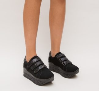 Pantofi sport negri comozi de toamna prevazuti cu arici si accesorizati cu sclipici Nimo