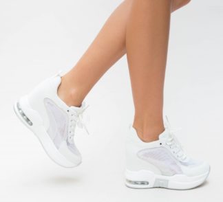 Pantofi sport albi cu platforma inalta de 9cm, confectionati din material textil de calitate Nova