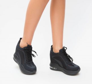 Pantofi sport negri cu platforma inalta de 9cm, confectionati din material textil de calitate Nova