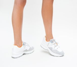 Pantofi Sport albi ieftini la reducere din material textil cu piele eco intoarsa Perla