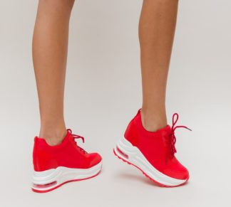 Pantofi sport rosii cu platforma inalta si inchidere cu sireturi Plein
