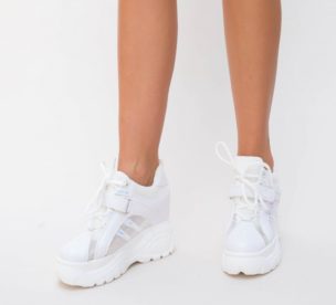 Pantofi albi dama sport cu sireturi si arici prevazuti cu o platforma inalta de 9cm Polon
