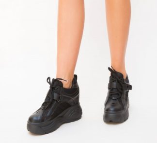 Pantofi negri dama sport cu sireturi si arici prevazuti cu o platforma inalta de 9cm Polon