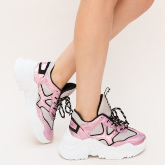Pantofi sport roz de toamna ieftini cu sireturi si talpa groasa Romba