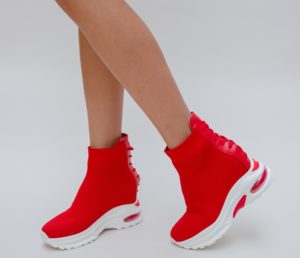 Pantofi sport rosii tip sneakers inalti pe glezna cu sireturi decorative Safa