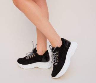 Pantofi negri sport ieftini si comozi din piele eco intoarsa prevazuti cu sireturi Semi
