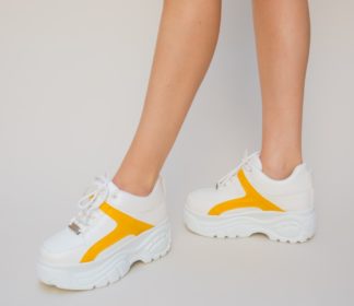 Pantofi Sport albi de dama cu accente galbene si platforma Solos