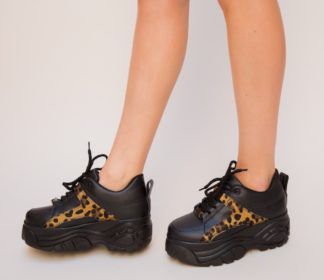 Pantofi Sport negri de dama cu imprimeu leopard si platforma Solos