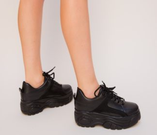 Pantofi Sport negri de dama cu sireturi subtiri si platforma Solos