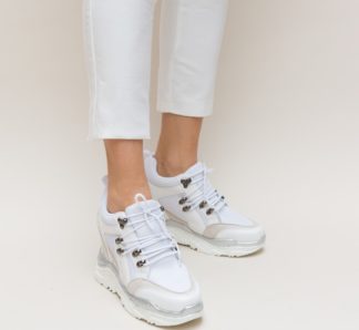 Adidasi ieftini albi cu platforma ascunsa realizati din material textil cu piele eco Station
