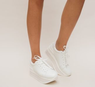 Pantofi dama comozi sport albi accesorizati cu o platforma inalta cu sclipici Tara