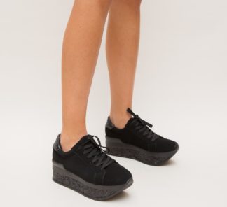 Pantofi dama comozi sport negri accesorizati cu o platforma inalta cu sclipici Tara