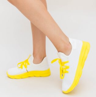 Pantofi sport ieftini albi cu sireturi galbene realizati din material textil confortabil Tril