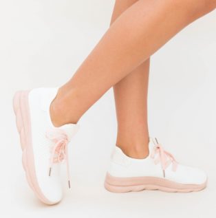 Pantofi sport ieftini albi cu sireturi roz realizati din material textil confortabil Tril