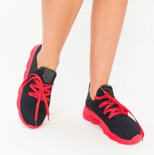 Pantofi sport ieftini negri cu sireturi rosii realizati din material textil confortabil Tril