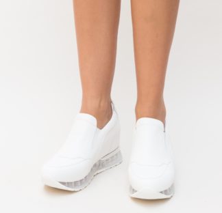 Adidasi albi sport de tip slip-on cu platforma realizati din piele eco intoarsa de calitate Viviana