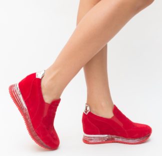 Adidasi rosii sport de tip slip-on cu platforma realizati din piele eco intoarsa de calitate Viviana