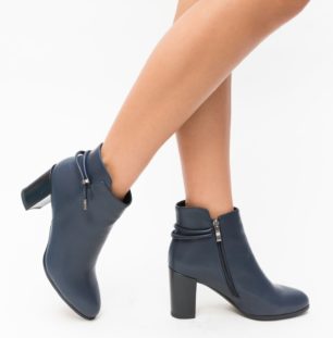 Botine cu toc gros inalt bleumarin elegante cu fermoar si captuseala pe interior Cinada