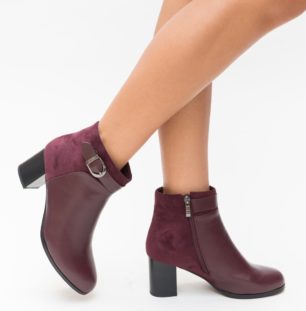 Botine elegante grena captusite pe interior cu toc gros inalt si fermoar pe lateral Marter