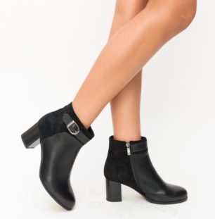 Botine elegante negre captusite pe interior cu toc gros inalt si fermoar pe lateral Marter