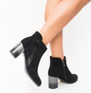 Botine de ocazie negre elegante cu toc mediu gros Ponga