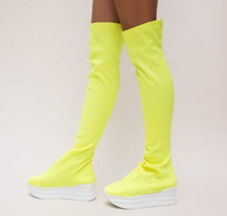 Cizme de ocazie galbene neon elegante lungi pana deasupra de genunchi cu platforma Joly