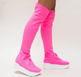 Cizme de ocazie roz neon elegante lungi pana deasupra de genunchi cu platforma Joly