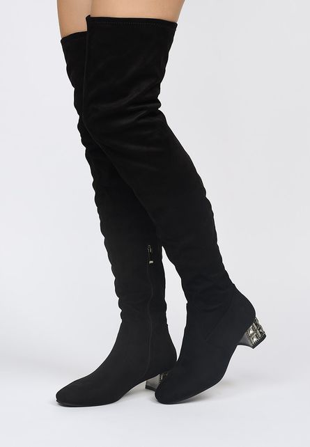 Cizme elegante negre lungi peste genunchi cu toc gros de 4.5cm Fresno