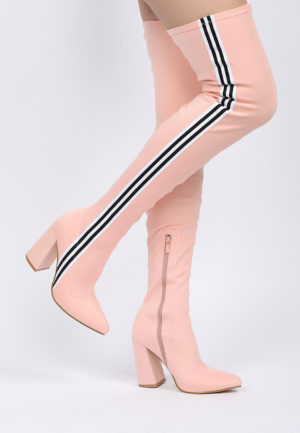 Cizme inalte roz lungi peste genunchi model mulat cu toc si linii negre laterale Morata