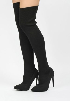 Cizme negre elegante clasice, model inalt mulat tip soseta peste genunchi cu toc inalt Zediani
