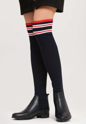 Cizme lungi in stil ciorap mulate peste genunchi de dama Senise Navy cu linii alb rosii