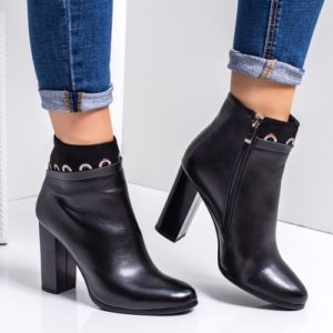 Botine Niosia negre elegante de dama cu toc patrat inalt de 9.5cm pentru toamna